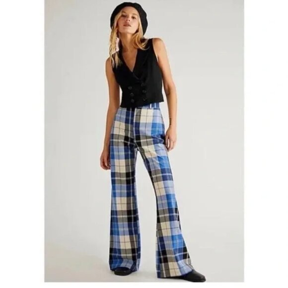 Free People Jules High Waist Plaid Flare Pants Blue/Black NWOT Size 0 (XS) - Picture 1 of 8